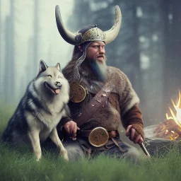 old viking with his wolf sitting near campfire, scary, steam punk, realistic, made in octane, cinematic, ultra-realistic, extremely detailed octane rendering, 8K, VRAY Super Real ar 2:3, dof photorealistic futuristic 50mm lens hard lighting dark gray tintype photograph, realistic lighting, sepia color