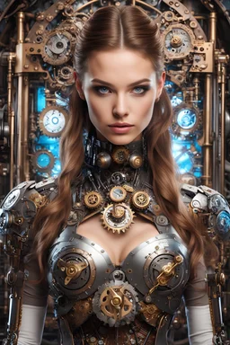Front view half body gorgeous Realistic Photography beautiful super model Russian as playing Dj player with body full mechanical steampunk cyborg realistic beautiful woman hyper detailed