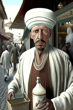 Rajab Tayyip Erdogan he is milk seller runabout He He wears a turban and a poor costume in 1900 Ultra-wide angle Highly realistic precise details Detailed panoramic view Detailed distance Professional Quality 8K