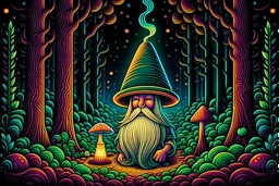 highly stoner detailed mystical trippy ultra saturated neon detailed look into an old wise gnome holding mushrooms next to a fire in the glowing mushroom forest, but a hallway of mushrooms. (Retro Art Nouveau-influenced concert posters). Art deco mushroom border