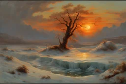 Amazing wonderful sunset, ice, cosmic fantasy winter, epic, vegetations, mountains, sci-fi movies influence, pieter franciscus dierckx, and charles leickert impressionism paintings