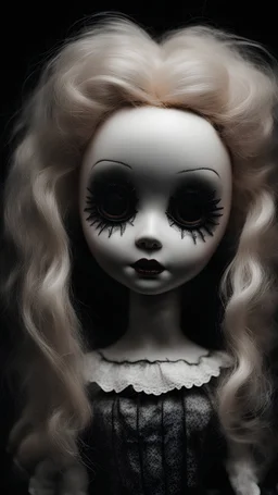 Portrait. A creepy doll on a black background.