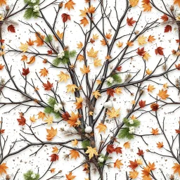 detailed Real Tree Camouflage made of bare bush branches, fir branches, dried maple leaves, snow and dirt, white background, seamless repeatable texture camo pattern