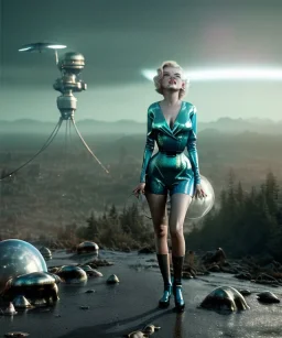 Ultra Realistic retro sci-fi 1960 scene, waist up view portrait, blonde woman, sweet young Marilyn Monroe face, perfect iris, tight latex coat, alien planet background, tight style, steel sphere dron levitating, fog, rain, soft color, highly detailed, unreal engine 5, ray tracing, RTX, lumen lighting, ultra detail, volumetric lighting, 3d, finely drawn, high definition, high resolution.