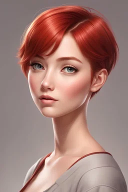 masterpiece, best quality, 1girl, red hair, very short hair, petite , flat chest, , head tilt, detailed cartoon style