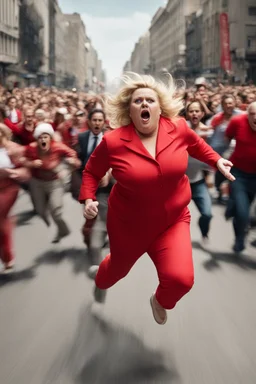 an obese terrified blonde woman in a red pant suit desperately running away from an angry mob of hundreds of people chasing her from far behind