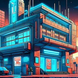 cyberpunk retro futuristic hospital with cross sign for comics