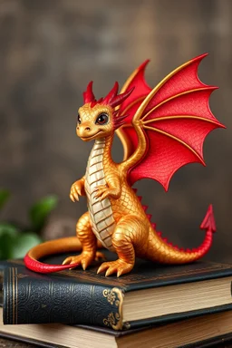 A small dragon, standing on a book, red wings, gold scales on its bodyy, a smile on its face, long neck, long tail tipped with a poison stinger