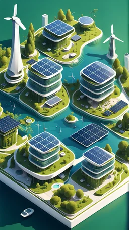 Create an isometric illustration of the floating city of Solglans, depicting it as a futuristic and sustainable urban environment. Show buildings with vertical solar panels on their rooftops, innovative wind turbines scattered throughout the cityscape, and green spaces integrated seamlessly into the urban fabric. Emphasize the use of advanced technology, such as smart grids and wireless communication networks, to convey the city's commitment to innovation and sustainability.