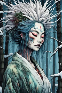 full color 3/4 profile portrait of a haggard and malevolent Harionago yokai "Barbed Woman" with wild, highly detailed hair and slim, narrow facial features, in a haunted snow clad, winter mountain bamboo forest, pierced by shafts of moonlight , art in the style of Alex Pardee, spirited away, studio ghibli, , 8k , finely detailed and precise line work, soft gauzy pastel colors