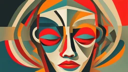 This image is a digital painting depicting an abstract face with surreal and modernist influences. The face is centered and occupies the majority of the composition. It is a blend of various geometric shapes and colors, creating a striking and enigmatic expression. The face has a smooth, almost featureless complexion with a prominent red dot on the forehead, which contrasts starkly with the surrounding colors. The eyes are large and almond-shaped, with a piercing gaze, and are colored in a dark