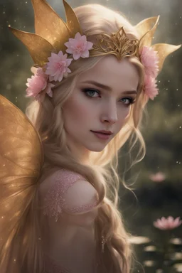 Pointed elven ears,Blonde hair ,Pink dress,Sparkling fairy wings,Very long golden hair,Fairy crown,pointed ears,elven ears,fairy wings,water lilies,sparkling,glittering,flowers,blossoms,golden crown,light pink dress