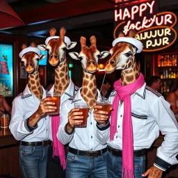 very Gay Giraffes sailors with white shirts and berrets and tight jeans standing in a bar drinking drinks with umbrellas, pride, makeup, smoking ciggarets, smiling, sparkling eyes, very happy, after dark, pink scarf, happy hour drinks sign, necking,