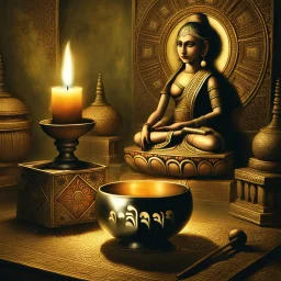 refine and improve this image, develop the intricacy of the patterns, make it more eerie and mystical. change the face of the meditating person to something quietly smirking looking like Mona Lisa and add multiple arms holding things like a hindu god.