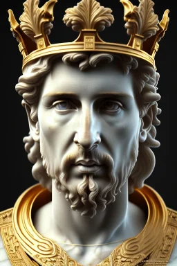 Ultra Realistic image, classical renaissance sculpture, white marble material, Lionel Messi, emperor style, gold Laurel leaves crown, chisel style, waist up portrait, epic, celestial, cinematic lighting, God light, god rays, 4k resolution, smooth details, ornate details, soft lighting, unreal engine 5, marble background.