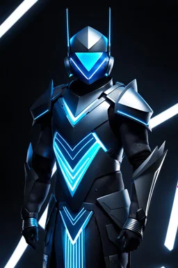 neon blue, floating triangle of light behind the back, cyber armor, geometric patterns on an armor, male, orbiting triangle