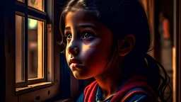 An 11-year-old girl looks out of a window inside the classroom, her hand is not visible, her complexion is Egyptian