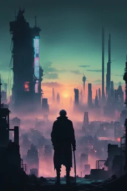 I'd like an old man dressed in rags and partially cyberized holding staff, silhouette with his back turned looking at a dystopian city from extreme distance, giant neon advertising in sky, evoking feelings of loneliness
