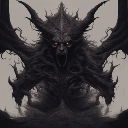 Generate a visually striking artwork that depicts 'Abaddon' as a formidable and malevolent entity, drawing inspiration from dark mythology and biblical references. Incorporate elements of chaos, destruction, and a foreboding atmosphere, while highlighting Abaddon's menacing presence and otherworldly power. in the style of glitch