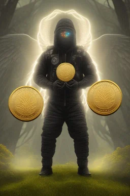 running berserker portrait , no face, black jogging suite , in the night Alps , holding coins , angels background, volumetric gold light, high detail, dark leaf tree, dark mountains in background, perfect, HR Giger style