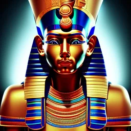 3D close-up of a Egyptian king Ramses, high contrast, glowing backlighting, blue and red backlighting, vibrant hair, dark brown eyes, sharp focus, face painting, background blur.