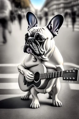 One single mature french bulldog, friendly, playing guitar in the street , Vienna, opera, sunny day, model style, hyper realistic, extremely accurate, delicate, extremely detailed, Graphic novel style, wide-angle, open aperture, superfine pencil