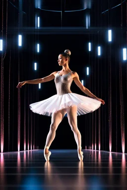 mocap graphic, ballerina dancing in a 3d recursive fractal stage with disco flashing lights