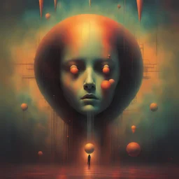 By Dan Mahurin, negotiating dream frequencies, dividing by zero math nightmares, maximal strange inconsistencies and absurdities, eerie, warm colors, neo surrealism, abstract quirks, poster art