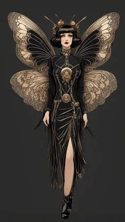 Full Body, Art Nouveau Woman With A Bob With A Fringe Hairstyle, 1920s Clothing, Steampunk Metal Moth wings, Black Background