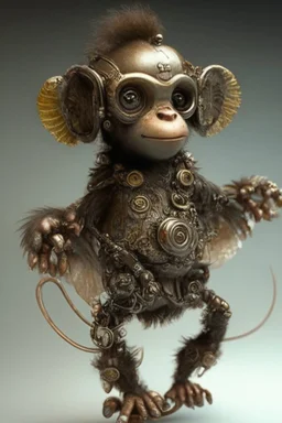 small cute steampunk mechanical monkey, made of metal with mechanical wings, cute hands and feet