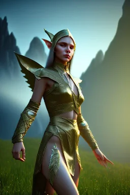 elven young woman, wearing light dress, luminous weather, field in the mountains, realistic 3d render, mortal kombat style, unreal engine