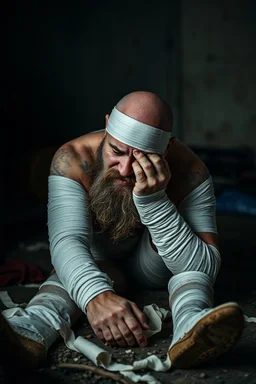 a very sad hurt swedish motorcycle gang man with beard, he is covered all the body with bandage and are in deep pain, bandage all over him, cripple, lying on the floor
