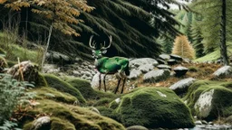 deer in forest next to rocks and grass fields