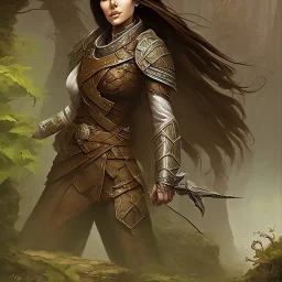 dungeons and dragons, female human, druid, brown hair, brown eyes, full body, realistic face, short hair, hair tied back, large nose, closed mouth, nature armor, face scars, tan skin