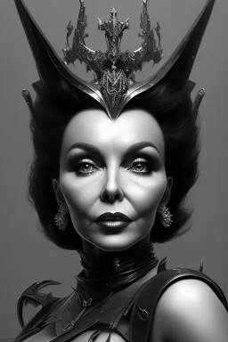 Joan Collins as evil queen in black leather, leather, busty, cleavage, angry, stern look. character design by cory loftis, fenghua zhong, ryohei hase, ismail inceoglu and ruan jia. unreal engine 5, artistic lighting, highly detailed, photorealistic, fantasy