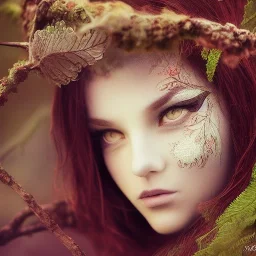 Portrait of beautiful girl, plant, metal, feathers, Dryad, fae, sidhe, ominous, nature, plants, wildflower, facepaint, dnd character portrait, intricate, oil on canvas, masterpiece, expert, insanely detailed, 4k resolution, retroanime style, cute big circular reflective eyes, cinematic smooth, intricate detail , soft smooth lighting, soft pastel colors, painted Renaissance style, 800mm lens