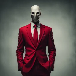 a sinister figure wearing a red suit with a red tie with no face and dirty hair