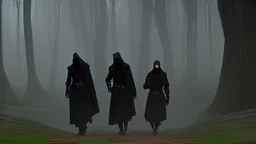 black robe hooded monks on the forest path