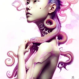  Asian woman, leaning pose, octopus, pink short hair, latex suit, style <Yoji Shinkawa>, Bones, watercolor illustration by <agnes cecile> squid, intricate detail , portrait, high lighting, Gradient background, full body,