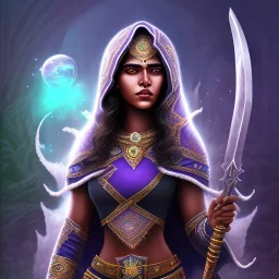 Fantasy setting, woman, dark-skinned, indian, ranger, 23 years old, shaved side haircut, wavy hair