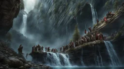 rotting zombies falling from the top of a 3.000 feet high waterfall. fantasy setting, horror. exquisite realism, a masterpiece, fantasy concept art, dynamic lighting, hyperdetailed, intricately detailed, deep color, Unreal Engine, volumetric lighting, Epic cinematic brilliant stunning intricate meticulously detailed dramatic atmospheric maximalist digital matte painting