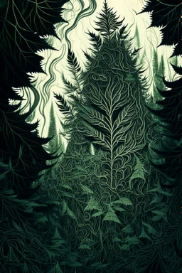 Sketch a composition where intricate smoke patterns transform into a forest of towering trees made entirely of crushed weed leaves, filling the canvas with a surreal and visually captivating asymmetrical patterns.