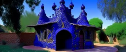 A dark purple penitentiary covered in poison designed in Indian Gond art painted by Antoni Gaudi