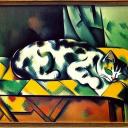 oil portrait of tricolor pattern Cat sleeping in a sofa by Paul Cézanne 8k