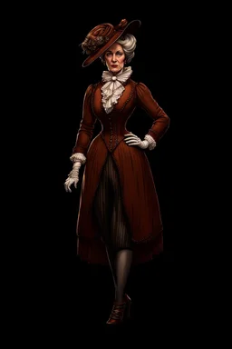 warm but stern aunty victorian era, posh british accent influenced, high born facial features dnd character on a solid black background, full body image, high quality realistic.