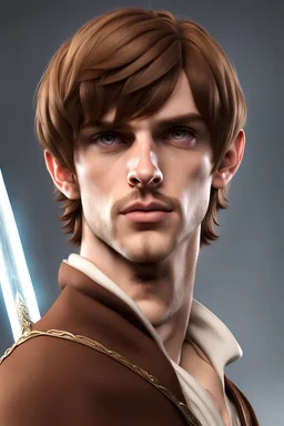 wide fantasy young noble swordsman short brown hair photorealistic