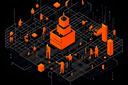 innovation - solarpunk illustration - people celebrating, isometric, orange elements, black background