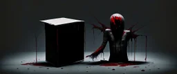 a faceless creature covered in blood holding up an empty black box