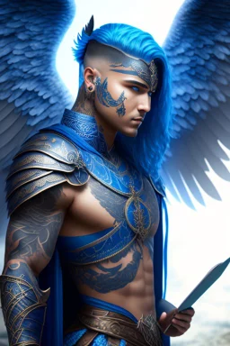 a person in runic armor with blue wings, blue short hair, runic tattoo and spell book, male