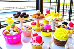 desserts in sunshine: ice cream sundaes, cakes, chocolates, macarons, floss candy, cookies, biscuits